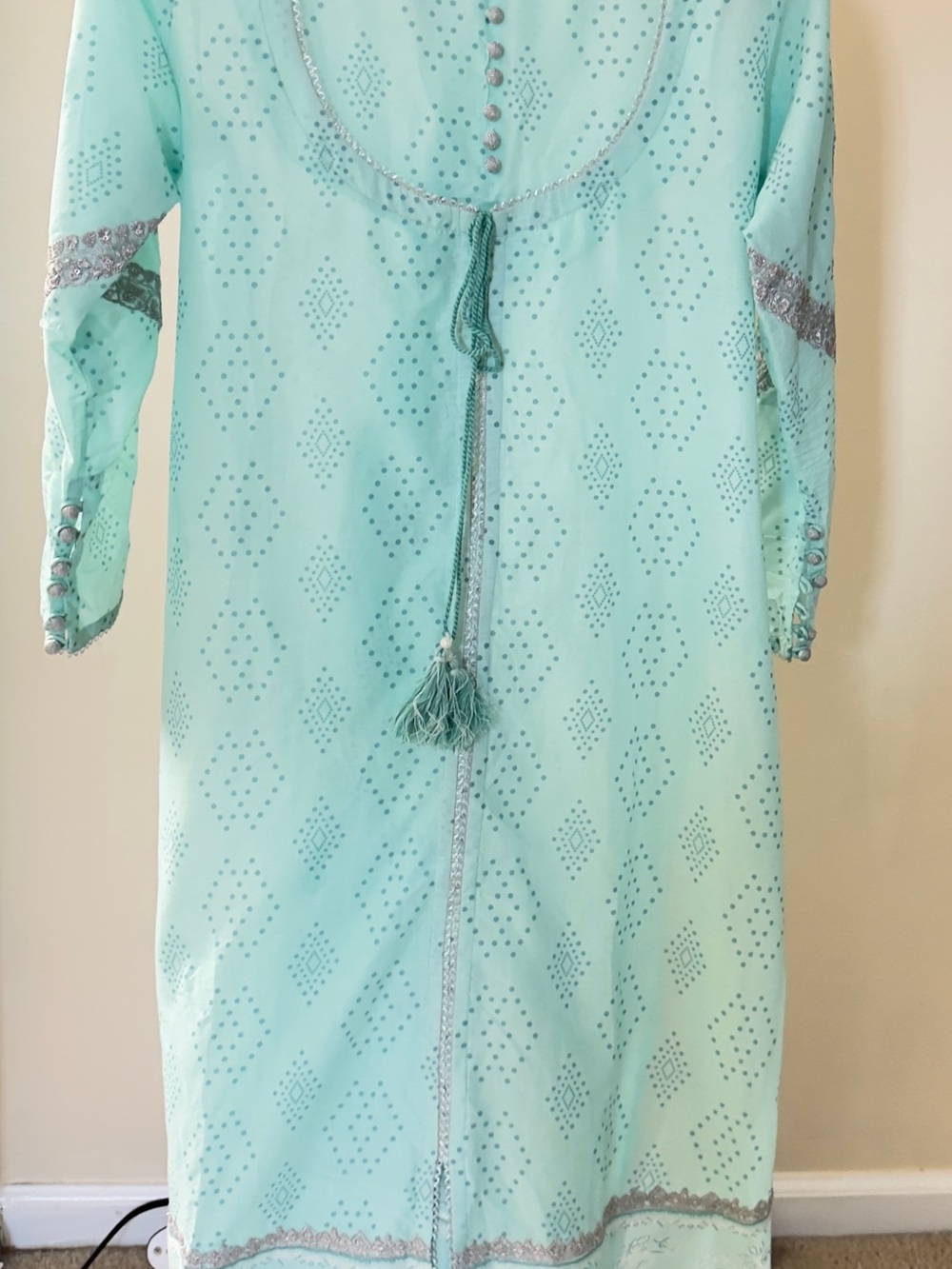 Light Aqua Long Sleeve Embellished Women’s Dress lawn with Tassel Tie